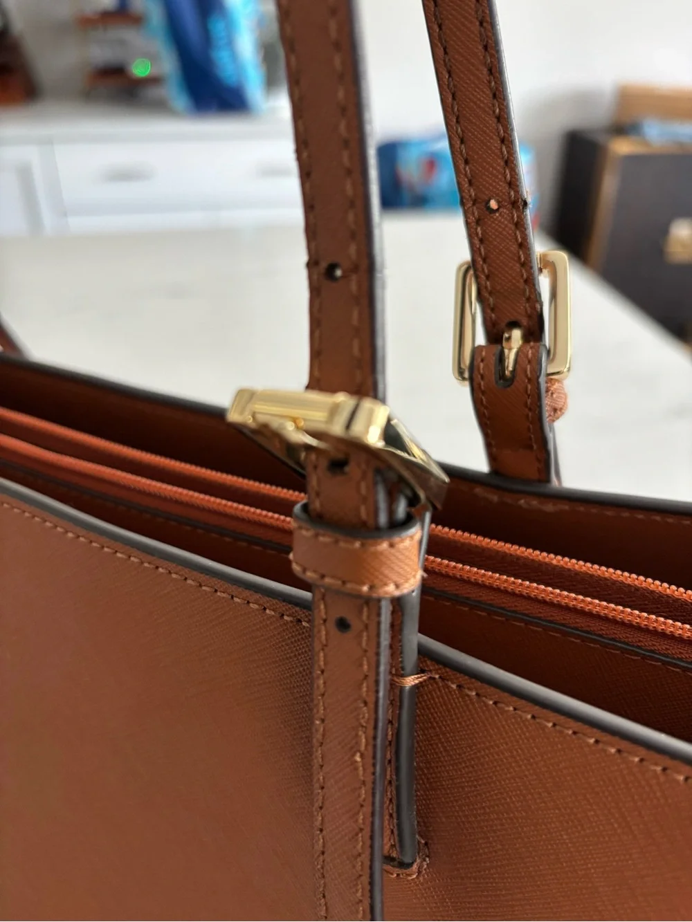 Tory Burch Saffiano Leather Tote in Cognac with Gold Logo